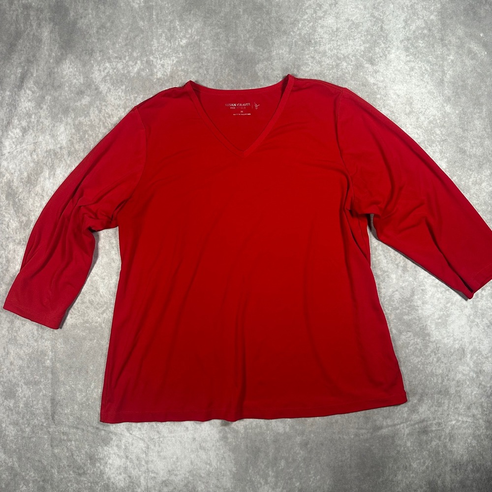 Susan Graver Essentials Red V-Neck Liquid Knit Top Size M 3/4 Sleeve Tee Office